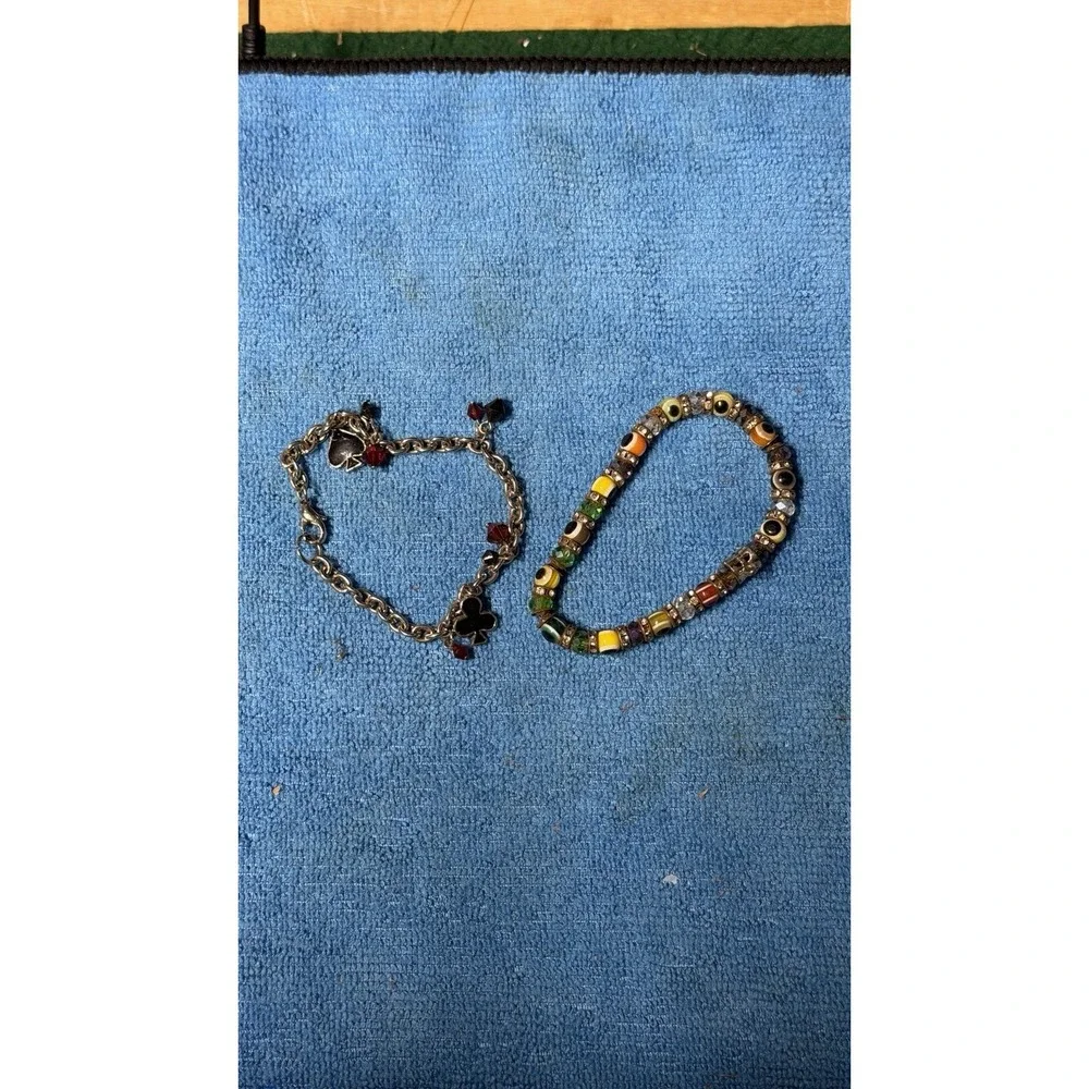 2 Vintage Bracelets Lot – Charm Chain & Beaded Stretch Bracelet